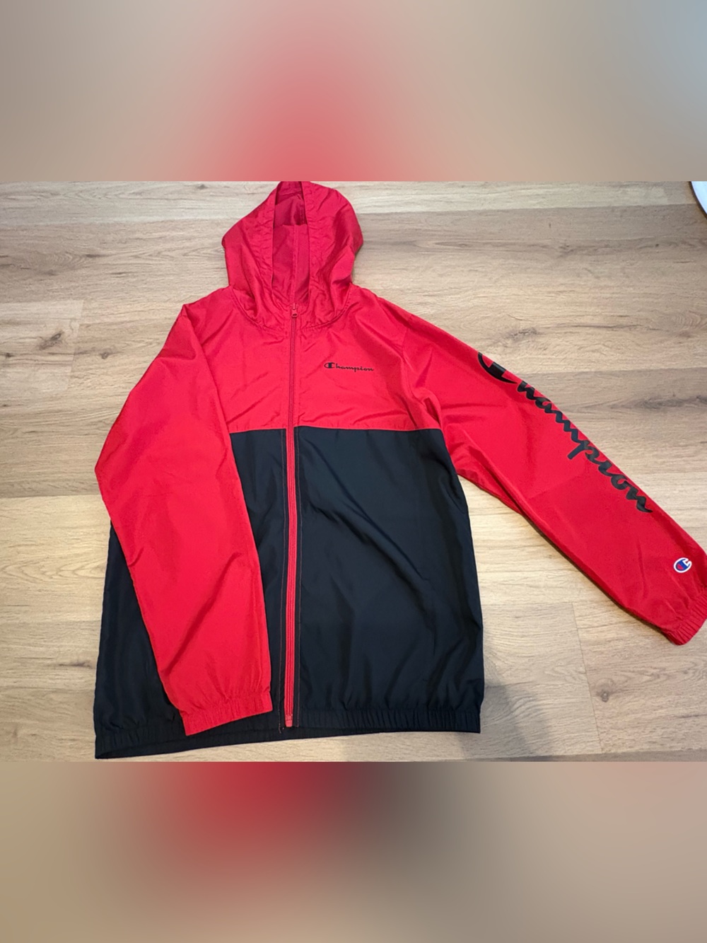 Champion Windbreaker Red and Black Colorblock Hooded Jacket Size XL
